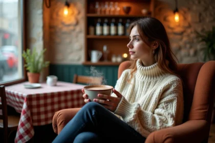 Femme cosy dans un bouchon lyonnais un dimanche pluvieux, tenant un bol de chocolat chaud devant une fenêtre ruisselante de pluie
