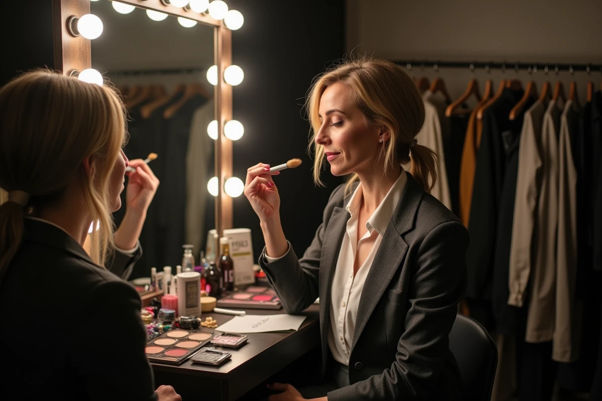 Actrice française en coulisses se préparant dans sa loge avant une représentation théâtrale