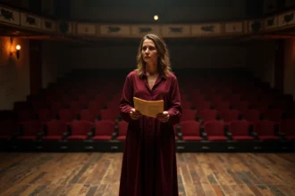Actrice de théâtre française en répétition sur scène dans un théâtre intimiste, tenant un manuscrit, regard concentré