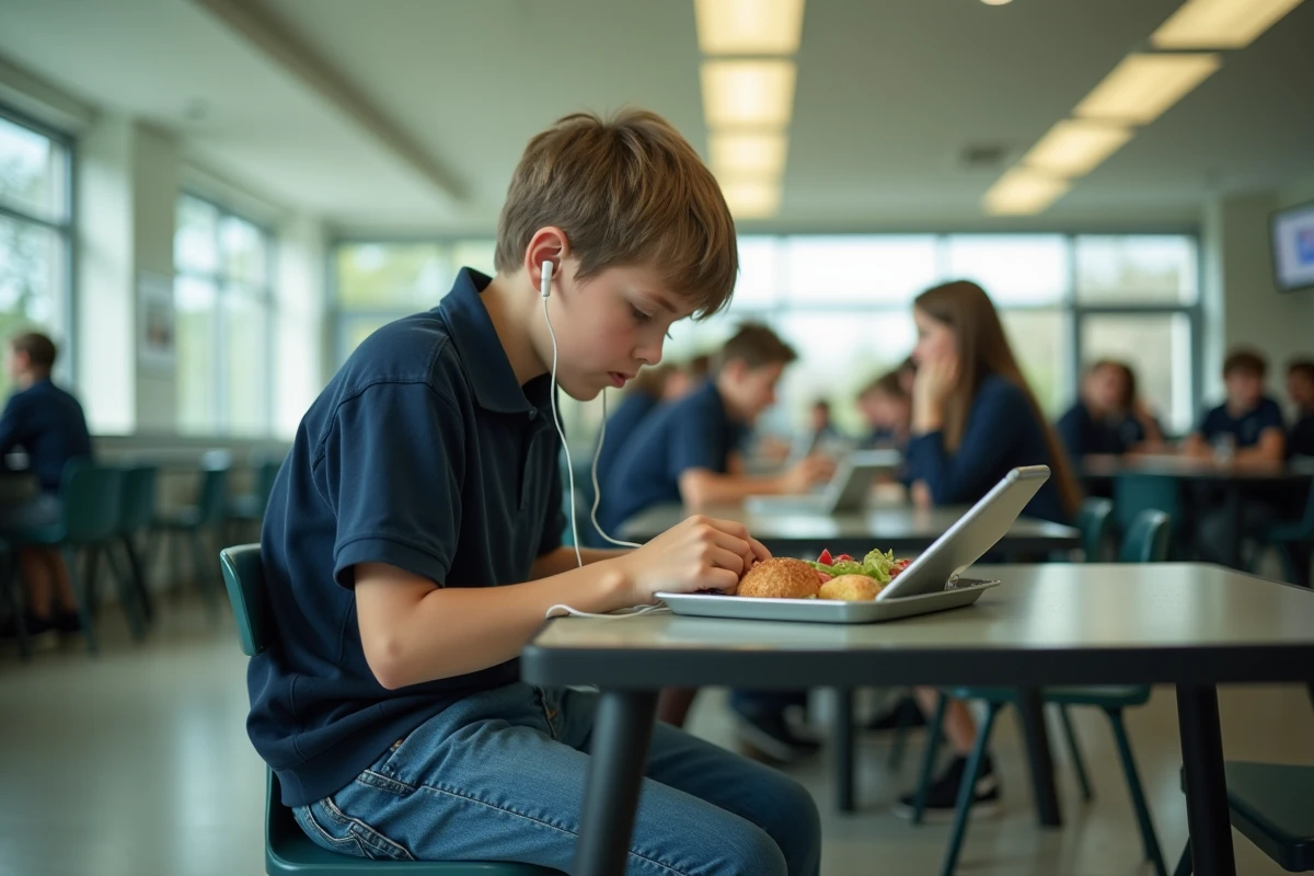 Adolescent isolé dans une cafétéria scolaire absorbé par sa tablette, symbolisant la déconnexion sociale liée aux contenus brainrot sur les réseaux