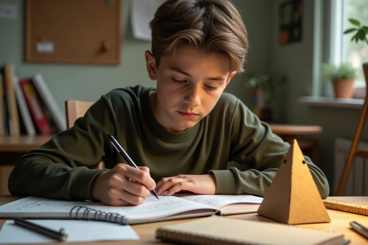 Adolescent révisant le volume de la pyramide à base carrée avec un modèle en carton fait maison et des notes manuscrites pour le brevet 2026