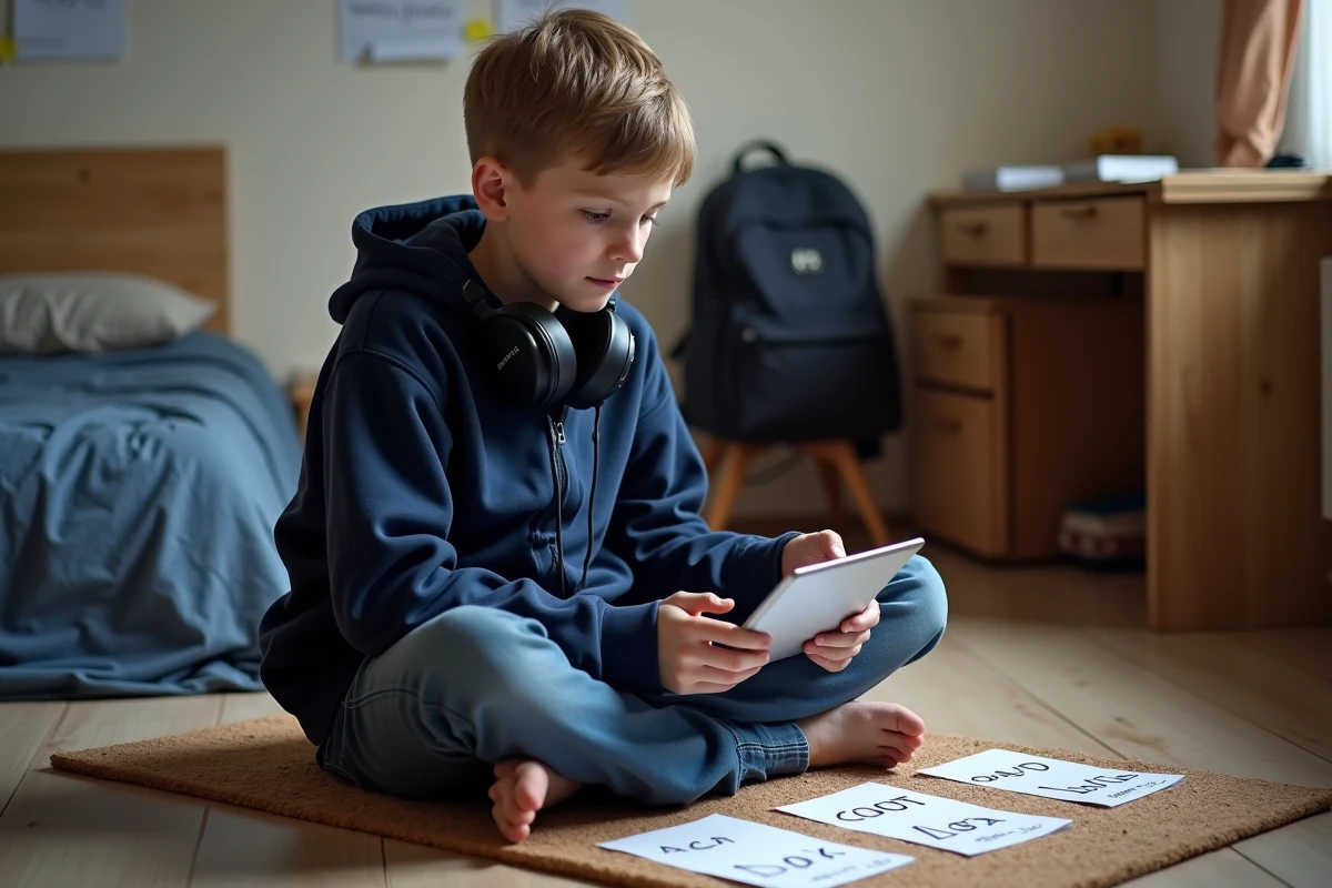 Adolescent utilisant une tablette et des fiches pour apprendre le vocabulaire par le jeu