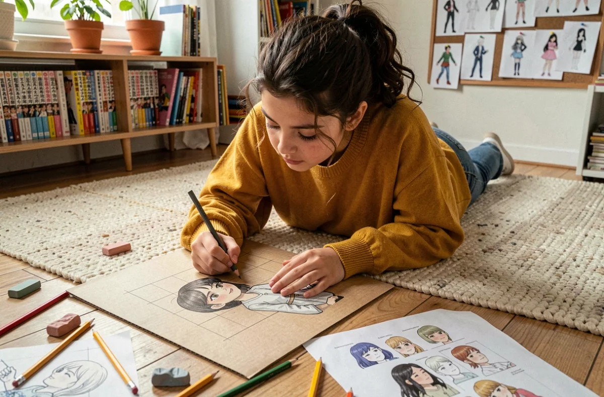Adolescente dessinant un personnage féminin en respectant les proportions sur le sol de sa chambre créative