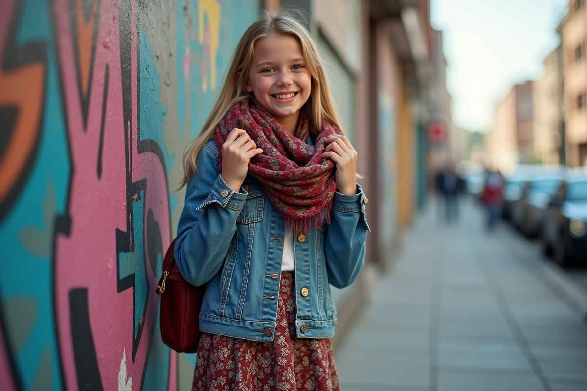 Adolescente posant en rue avec foulard coloré et style urbain