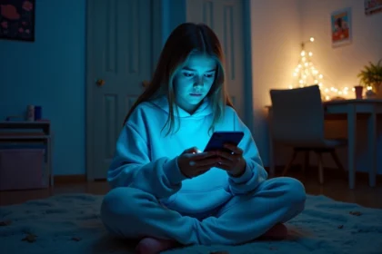 Adolescente assise par terre dans sa chambre, regard perdu dans son téléphone, illustrant l'impact du contenu viral sur la santé mentale des ados