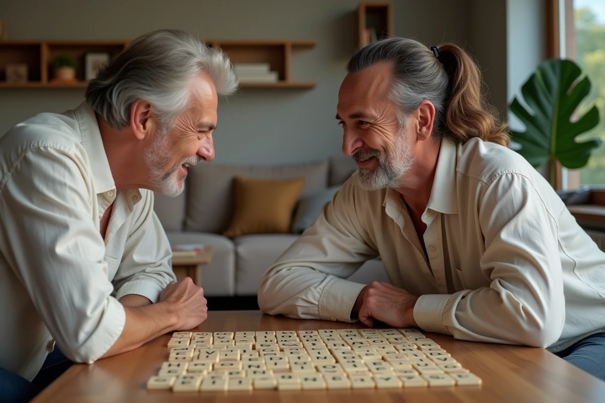 Deux adultes jouant à un jeu de mots sur plateau pour stimuler leur cerveau et enrichir leur vocabulaire