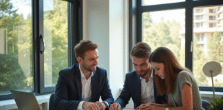 Agent immobilier et couple étudiant des plans dans un bureau lumineux