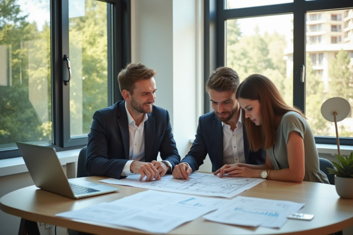 Agent immobilier et couple étudiant des plans dans un bureau lumineux