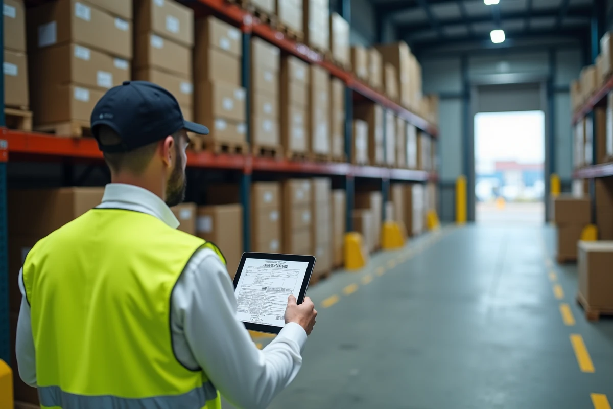 Agent logistique en entrepôt consultant une déclaration douanière sur tablette près de colis d'exportation