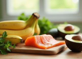 Aliments riches en vitamine B6 comme bananes et avocats