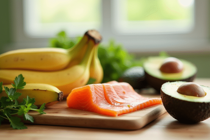 Aliments riches en vitamine B6 comme bananes et avocats