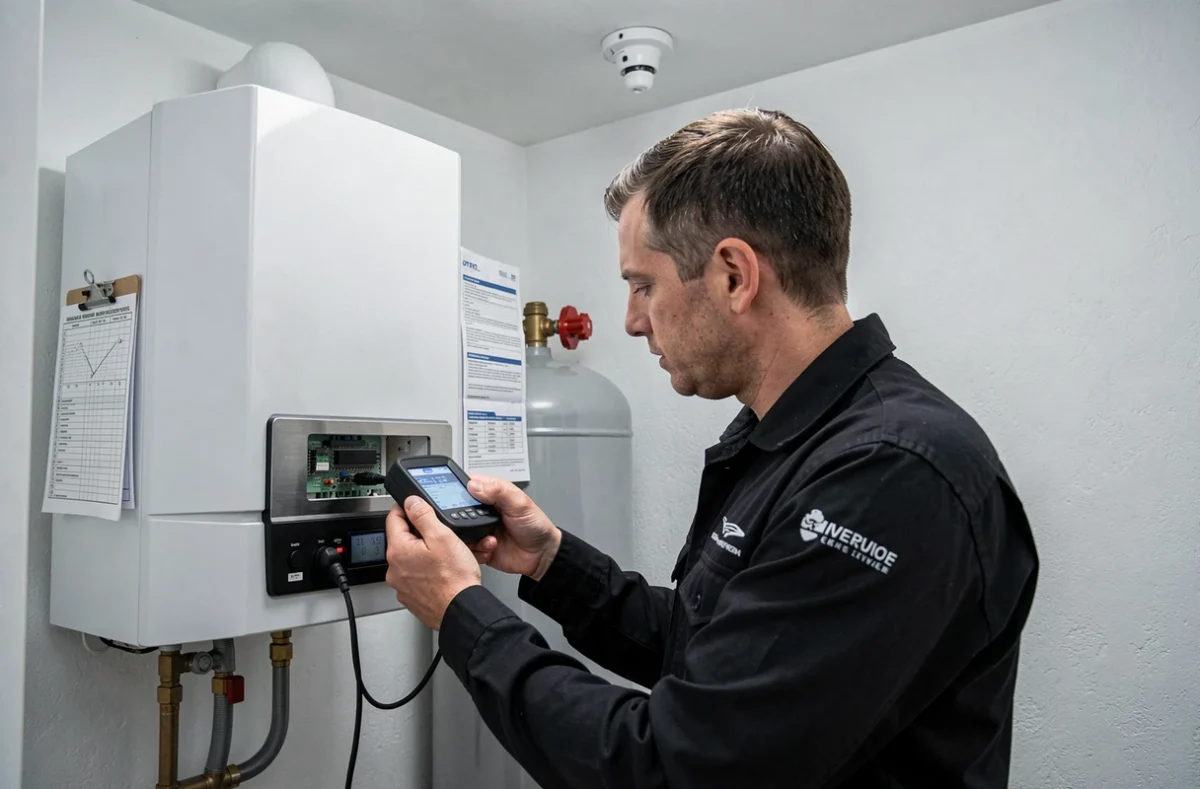 Technicien Allotech effectuant un diagnostic numérique sur une chaudière à condensation dans un appartement savoyard