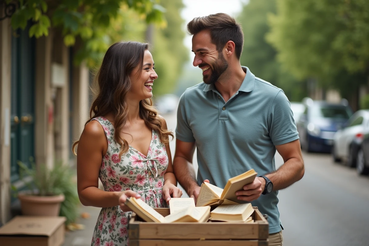 Deux amis feuilletant des livres d'occasion dans un bac en bois lors d'un vide-grenier de quartier