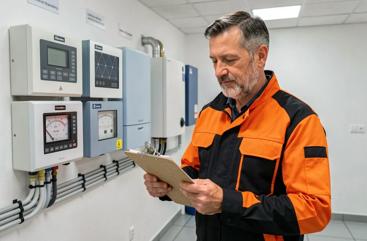 Chauffagiste multi-énergies Andre Picchiottino Energies à Chambéry devant un panneau de contrôle de systèmes chauffage hybrides