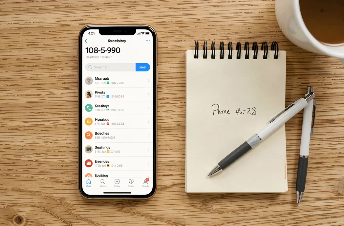 Vue de dessus d'un smartphone affichant une recherche d'annuaire inversé posé sur une table en bois avec un carnet de notes