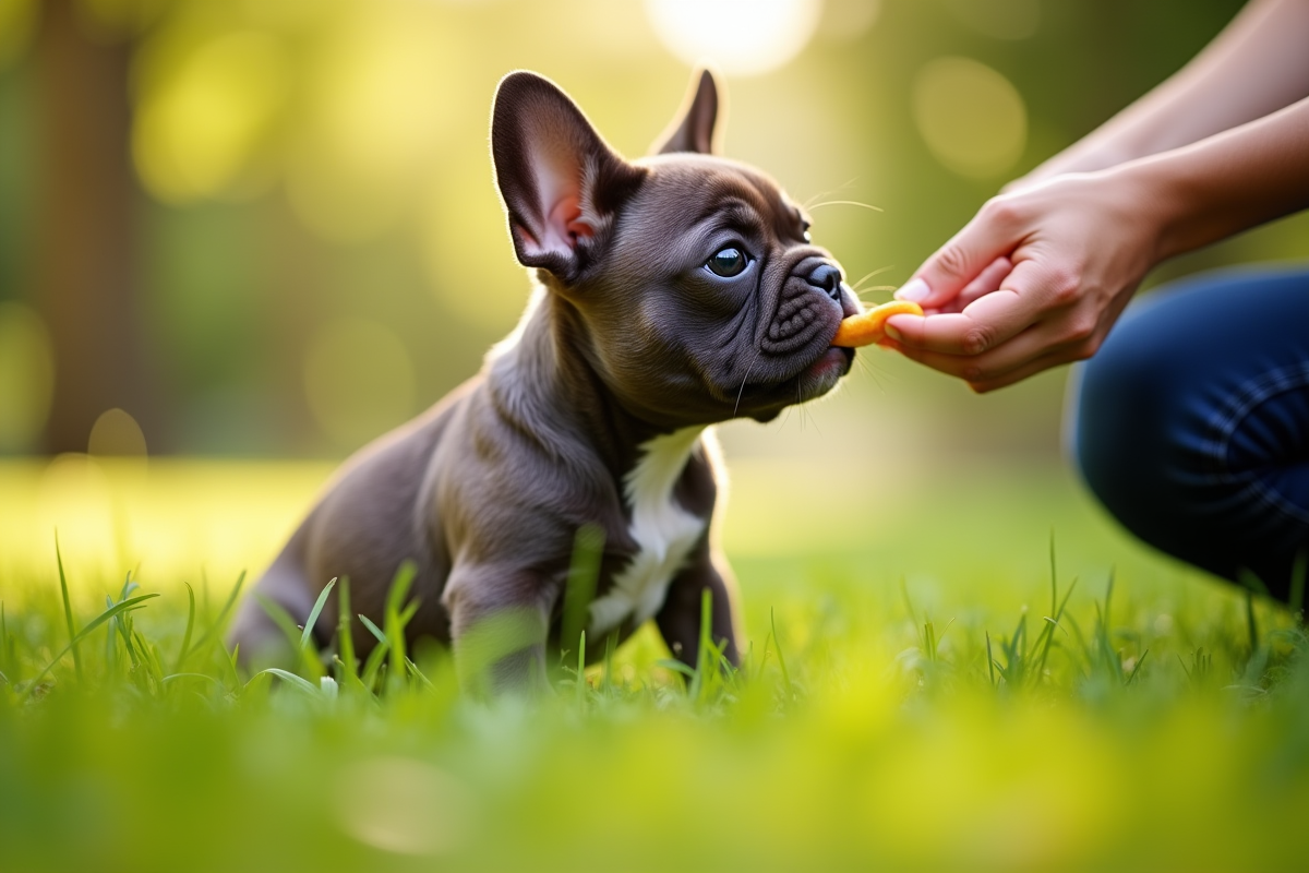Jeune chiot bulldog francais apprenant en parc vert