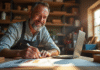Artisan souriant dans son atelier travaillant sur du bois