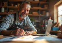 Artisan souriant dans son atelier travaillant sur du bois