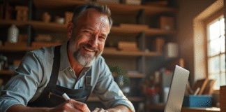 Artisan souriant dans son atelier travaillant sur du bois