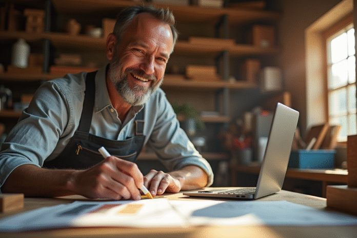 Artisan souriant dans son atelier travaillant sur du bois