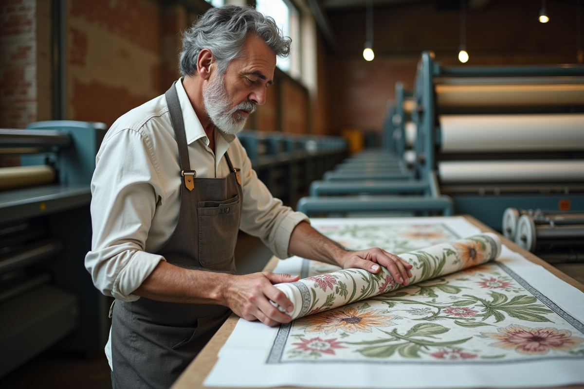 Artisan examinant un rouleau de tissu imprimé dans un atelier industriel