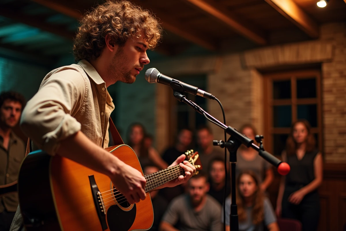 Musicien jouant de la guitare acoustique sur une petite scène intimiste lors d'un festival de musique à Lyon