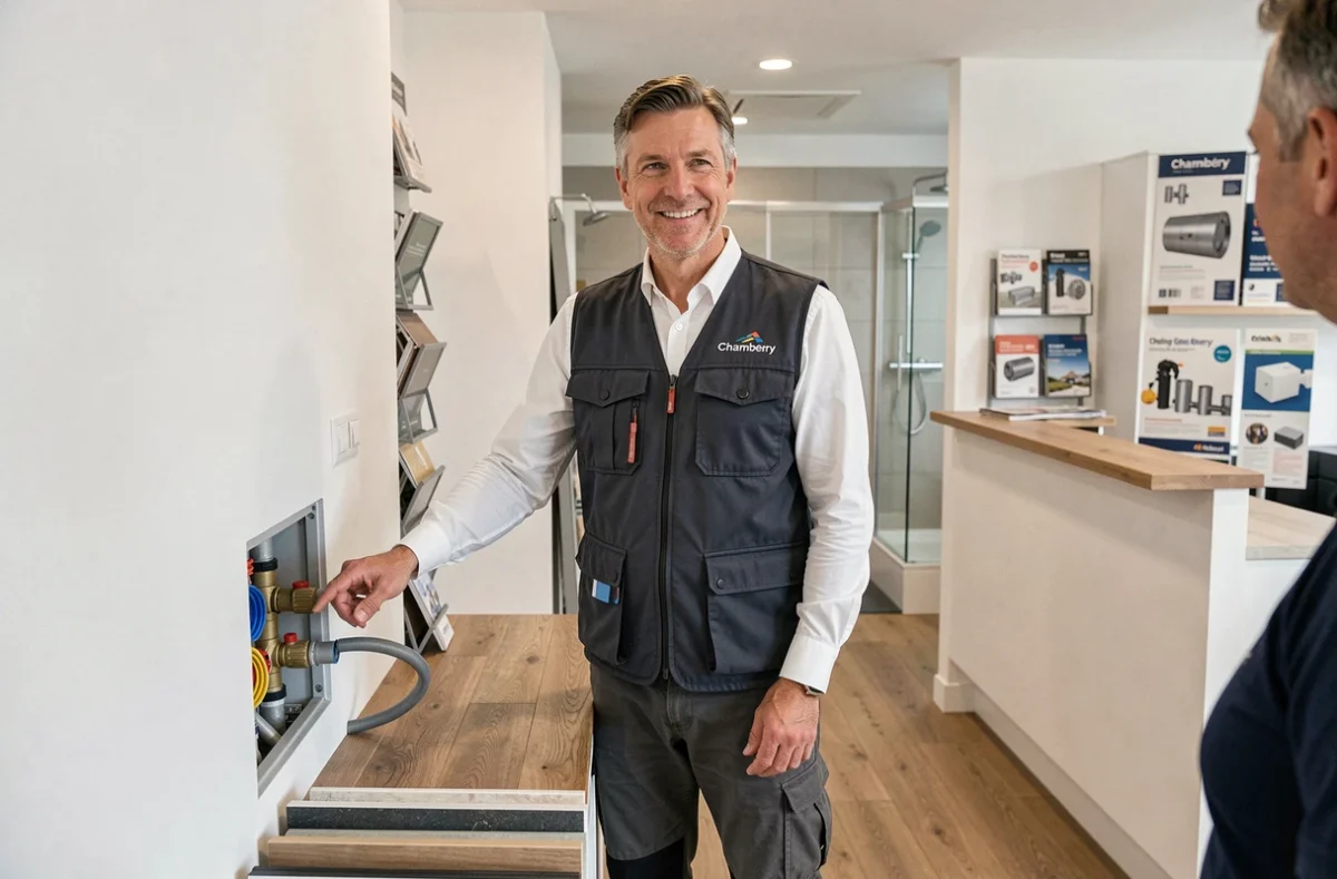 Spécialiste polyvalent Atelier De Sanitaire Chauffage Et Cuisine présentant un collecteur de plancher chauffant dans son showroom à Chambéry