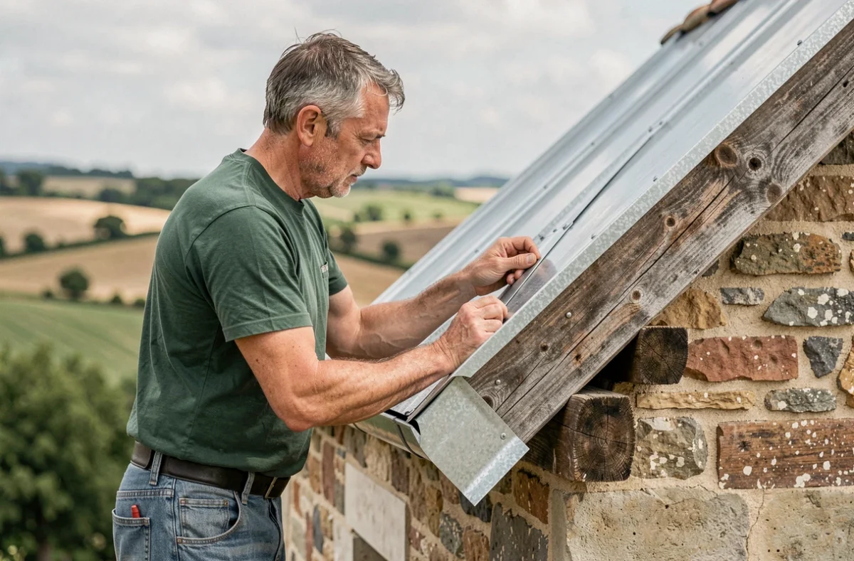 Artisan couvreur d'Au Fil des Toits ajustant un faîtage en zinc sur une toiture ancienne dans le Gard