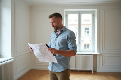 Auditeur energie homme avec tablette dans appartement moderne