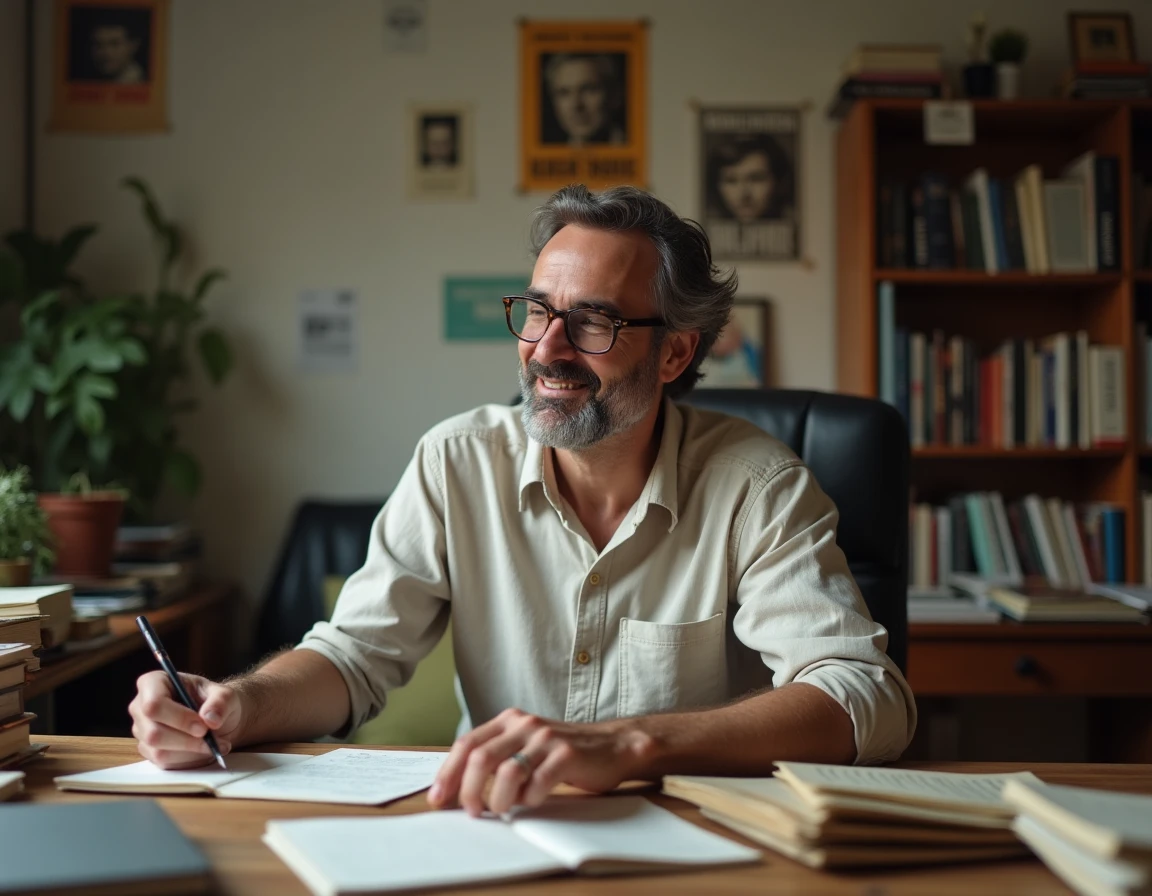 Auteur humoriste français dans un bureau parisien entouré de livres et de carnets manuscrits, révisant un script comique