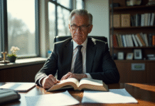 Avocat sérieux dans un bureau moderne avec code civil