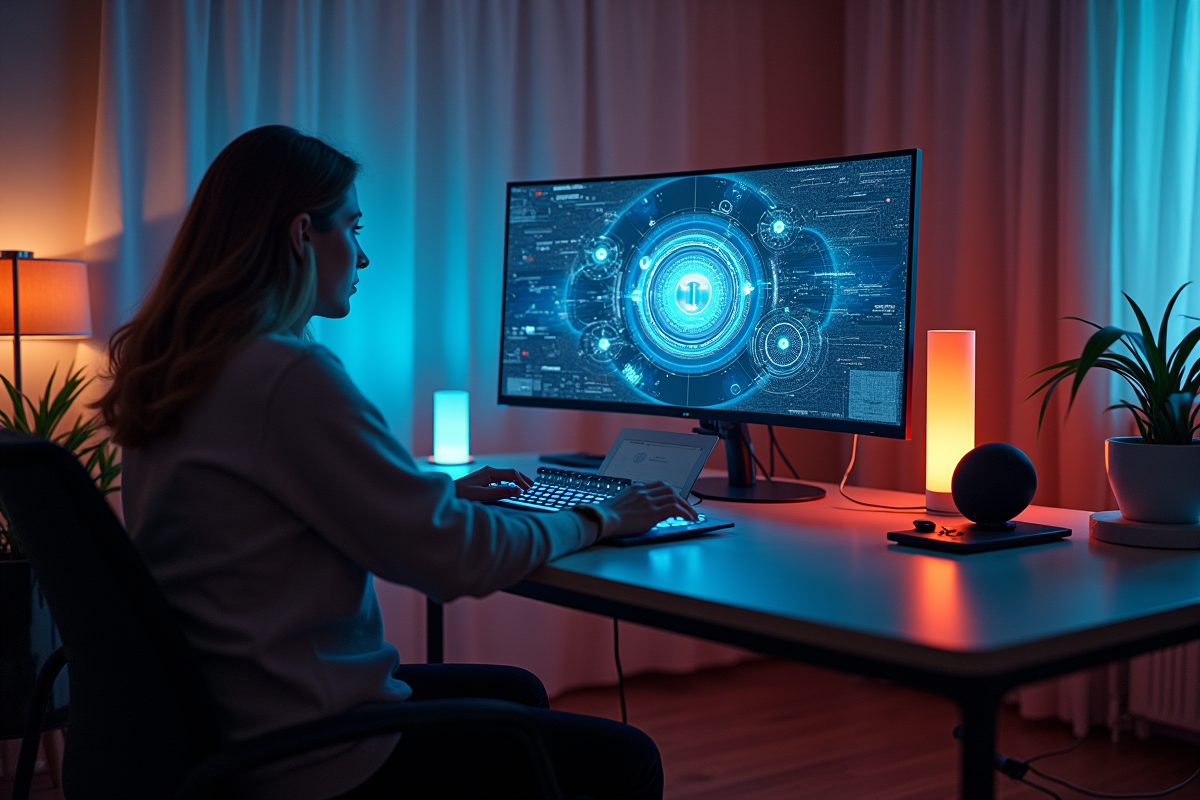 Bureau à domicile en 2025 avec écran incurvé et gadgets intelligents