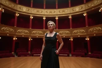 Cantatrice célèbre en robe de soirée noire sur la scène d'un opéra européen aux balcons dorés