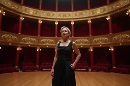 Cantatrice célèbre en robe de soirée noire sur la scène d'un opéra européen aux balcons dorés