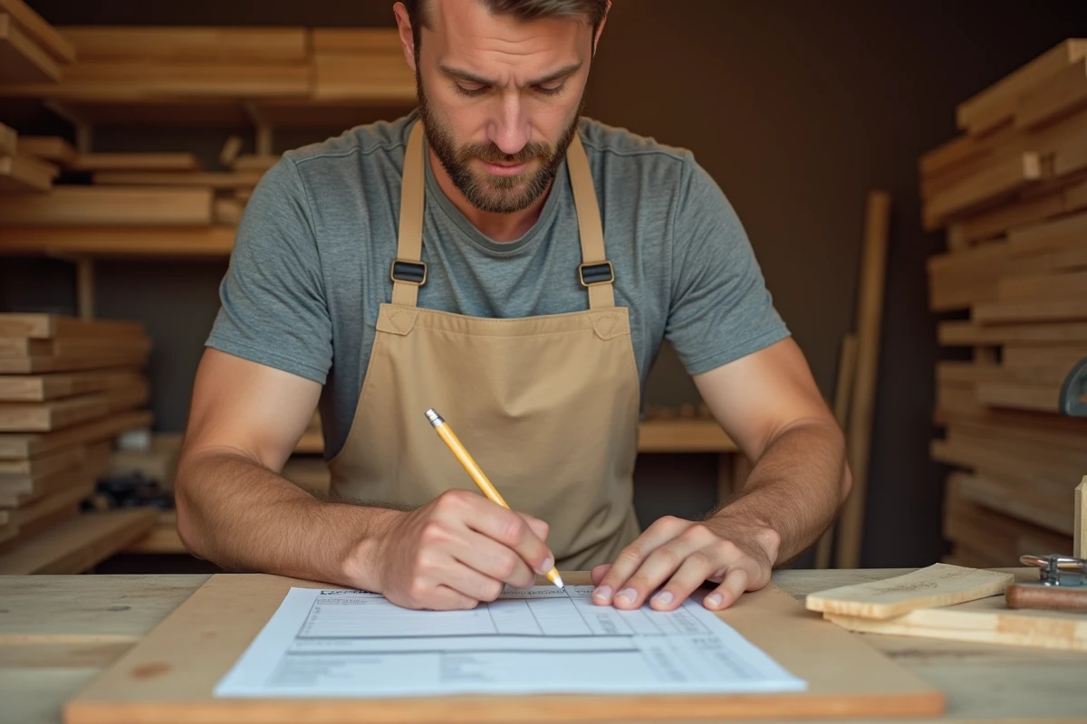 Menuisier annotant un devis imprimé avec les dimensions d'une planche en bois dans un atelier artisanal, question longueur et largeur en premier sur un devis