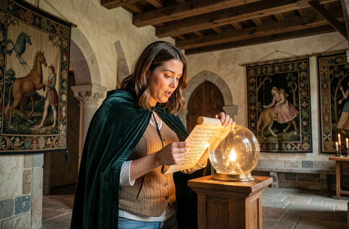Joueuse en cape médiévale découvrant un orbe magique dans une salle de château féerique de l'escape game Mélusine à Saint-Jean-d'Angle