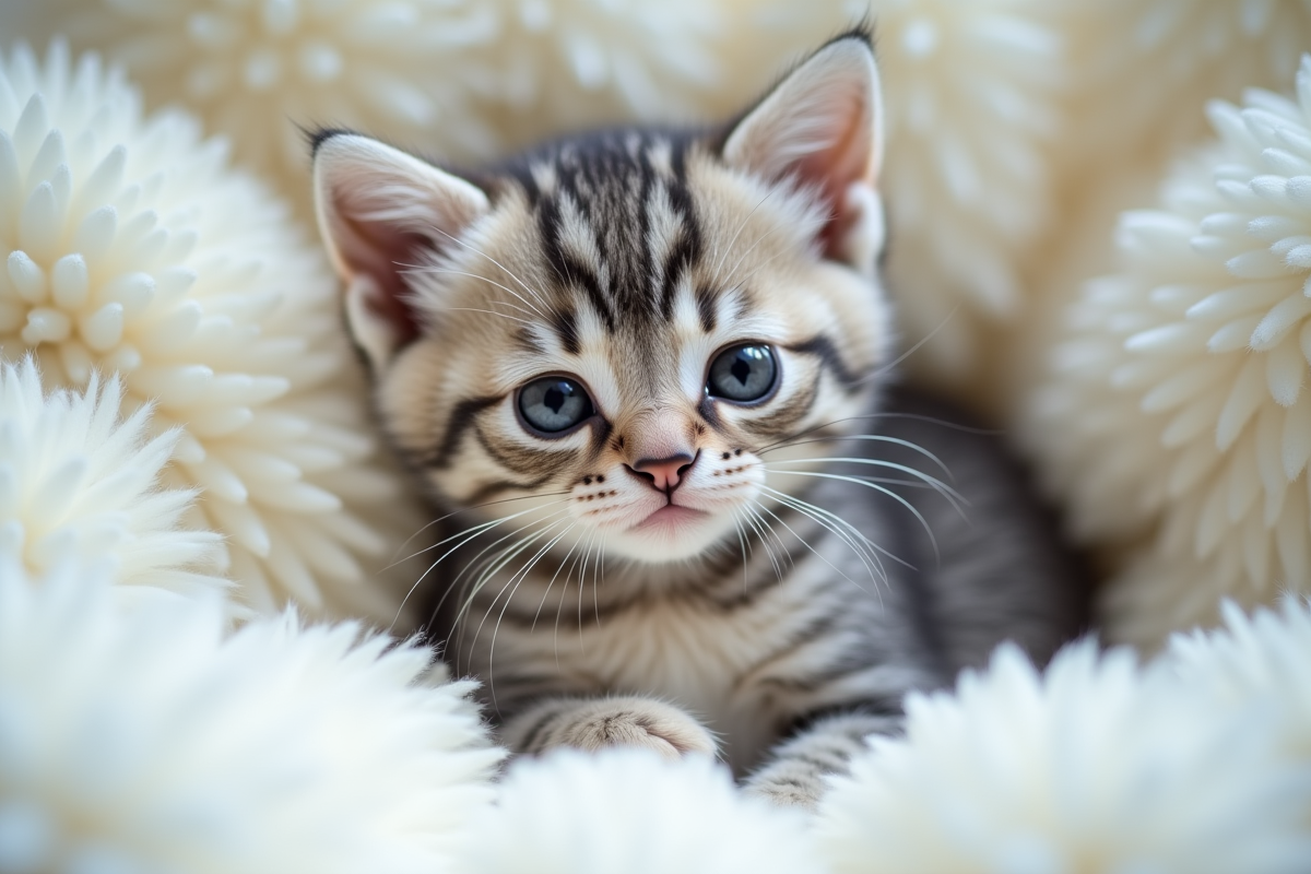 Chaton british shorthair relaxant sur une couverture blanche