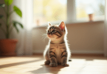 Chaton british shorthair assis sur le sol ensoleille