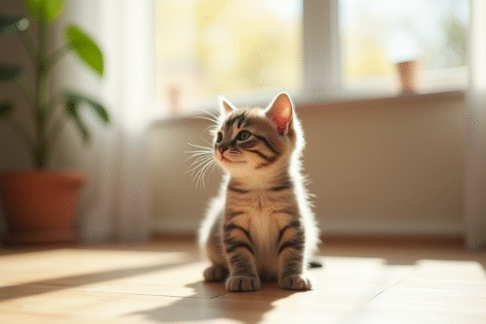 Chaton british shorthair assis sur le sol ensoleille