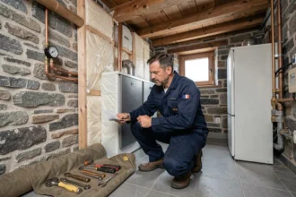 Technicien chauffagiste professionnel en Savoie inspectant une chaudière moderne dans une chaufferie de maison alpine