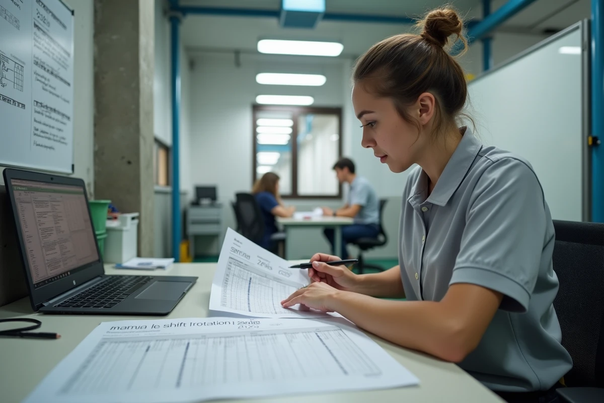 Cheffe d'équipe analysant un tableau de rotation 2x8 avec les semaines paires et impaires 2025 2026 dans un bureau d'usine