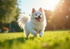 Chien japonais spitz blanc jouant dans le jardin ensoleille
