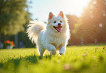 Chien japonais spitz blanc jouant dans le jardin ensoleille