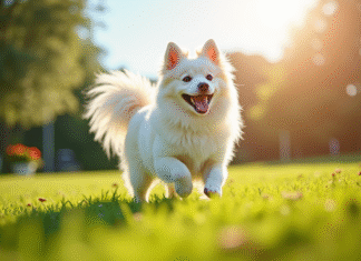 Chien japonais spitz blanc jouant dans le jardin ensoleille