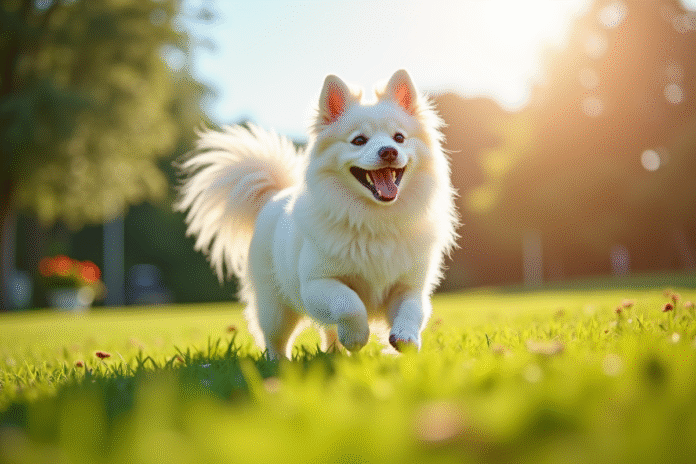 Chien japonais spitz blanc jouant dans le jardin ensoleille