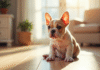 Chiot bulldog francais assis sur un sol en bois clair