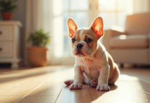 Chiot bulldog francais assis sur un sol en bois clair