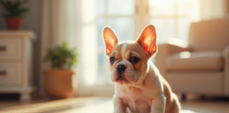 Chiot bulldog francais assis sur un sol en bois clair