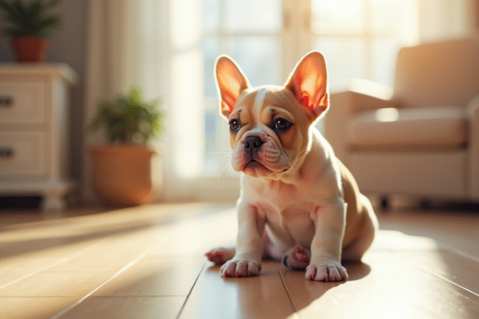 Chiot bulldog francais assis sur un sol en bois clair