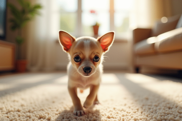 Chiot Chihuahua joueur dans un salon lumineux